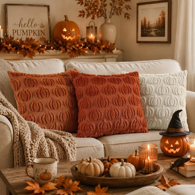 Alt view image 4 of 7 - Fall Light Rust Pumpkin Throw Pillow Covers 18x18 Set of 2 | Autumn Decorations Soft Faux Fur Textured Accent Pillow Covers for Sofa Couch Bed Living Room Halloween Home Decor