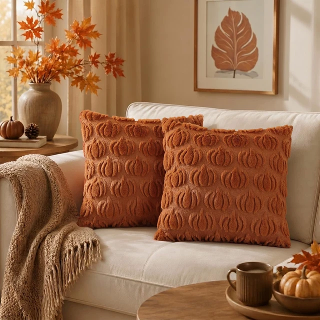Alt view image 7 of 7 - Fall Light Rust Pumpkin Throw Pillow Covers 18x18 Set of 2 | Autumn Decorations Soft Faux Fur Textured Accent Pillow Covers for Sofa Couch Bed Living Room Halloween Home Decor