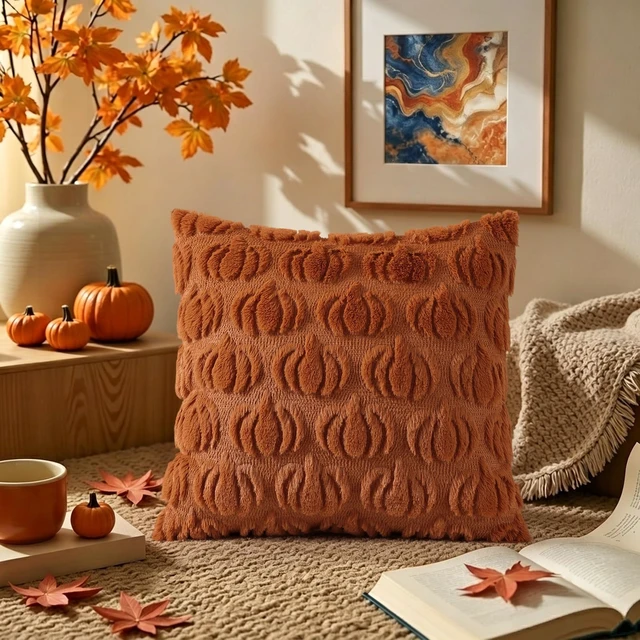 Alt view image 5 of 7 - Fall Light Rust Pumpkin Throw Pillow Covers 18x18 Set of 2 | Autumn Decorations Soft Faux Fur Textured Accent Pillow Covers for Sofa Couch Bed Living Room Halloween Home Decor