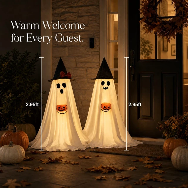 Alt view image 2 of 7 - Halloween Decorations Indoor Lighted Ghost, 2 Pack Cute Light Up Ghosts | 2.95Ft Decorations with Witch Hats & Pumpkin Buckets, Indoor Ghost Decor for Entryway, Fireplace, Porch, Party, Home, Yard