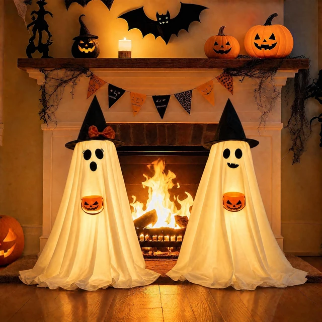 Main image of Halloween Decorations Indoor Lighted Ghost, 2 Pack Cute Light Up Ghosts | 2.95Ft Decorations with Witch Hats & Pumpkin Buckets, Indoor Ghost Decor for Entryway, Fireplace, Porch, Party, Home, Yard