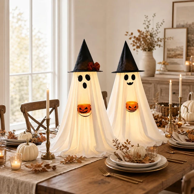 Alt view image 4 of 7 - Halloween Decorations Indoor Lighted Ghost, 2 Pack Cute Light Up Ghosts | 2.95Ft Decorations with Witch Hats & Pumpkin Buckets, Indoor Ghost Decor for Entryway, Fireplace, Porch, Party, Home, Yard