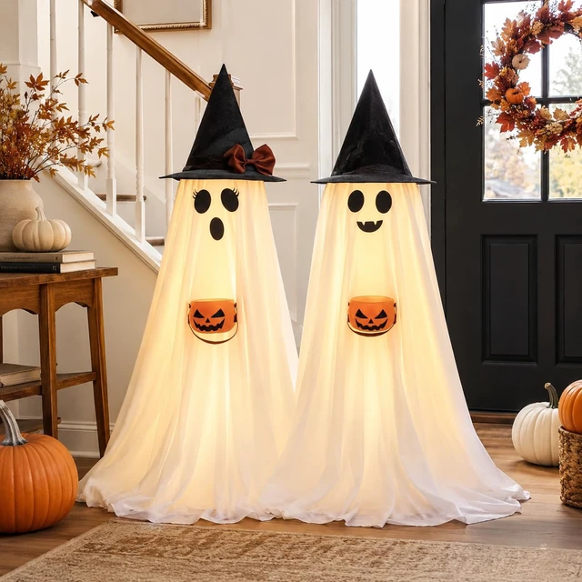 Alt view image 7 of 7 - Halloween Decorations Indoor Lighted Ghost, 2 Pack Cute Light Up Ghosts | 2.95Ft Decorations with Witch Hats & Pumpkin Buckets, Indoor Ghost Decor for Entryway, Fireplace, Porch, Party, Home, Yard