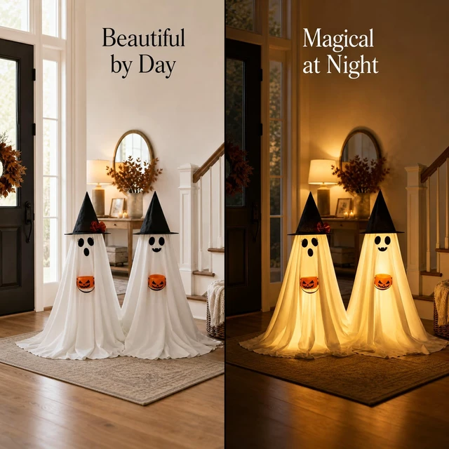Alt view image 3 of 7 - Halloween Decorations Indoor Lighted Ghost, 2 Pack Cute Light Up Ghosts | 2.95Ft Decorations with Witch Hats & Pumpkin Buckets, Indoor Ghost Decor for Entryway, Fireplace, Porch, Party, Home, Yard