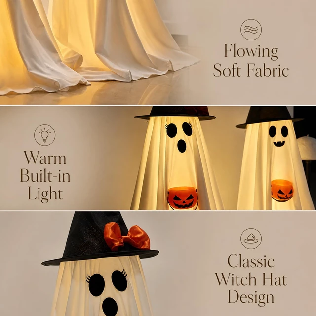 Alt view image 6 of 7 - Halloween Decorations Indoor Lighted Ghost, 2 Pack Cute Light Up Ghosts | 2.95Ft Decorations with Witch Hats & Pumpkin Buckets, Indoor Ghost Decor for Entryway, Fireplace, Porch, Party, Home, Yard