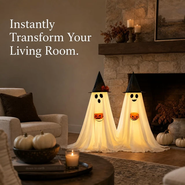 Alt view image 5 of 7 - Halloween Decorations Indoor Lighted Ghost, 2 Pack Cute Light Up Ghosts | 2.95Ft Decorations with Witch Hats & Pumpkin Buckets, Indoor Ghost Decor for Entryway, Fireplace, Porch, Party, Home, Yard