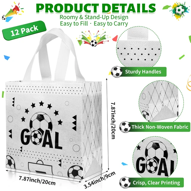 Alt view image 2 of 7 - 12 Pack Soccer Goodie Bags with Handles: Soccer Party Favor Bags for Treat Candy & Snacks - Reusable Non-Woven Small Gift Bags for Kids Birthday, Sports Events, Game Day & School Activities