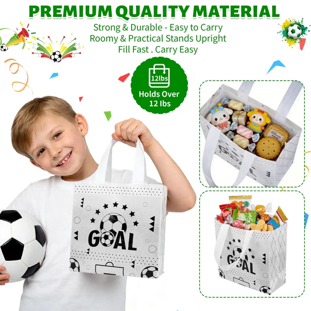 Alt view image 3 of 7 - 12 Pack Soccer Goodie Bags with Handles: Soccer Party Favor Bags for Treat Candy & Snacks - Reusable Non-Woven Small Gift Bags for Kids Birthday, Sports Events, Game Day & School Activities