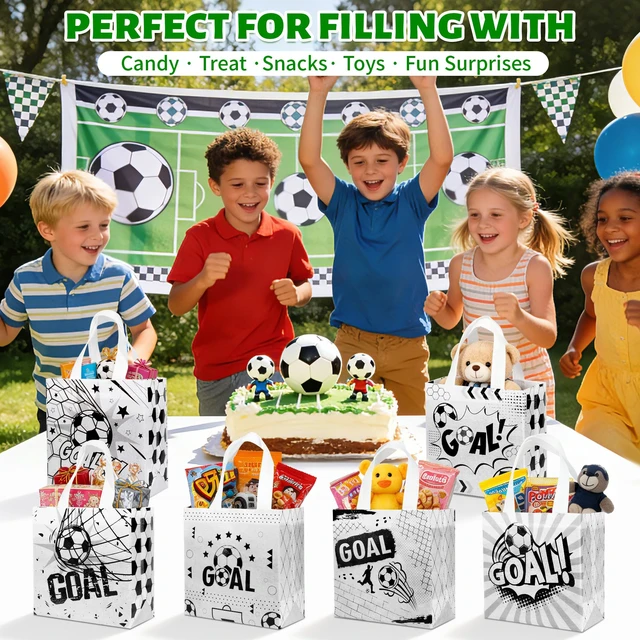 Alt view image 4 of 7 - 12 Pack Soccer Goodie Bags with Handles: Soccer Party Favor Bags for Treat Candy & Snacks - Reusable Non-Woven Small Gift Bags for Kids Birthday, Sports Events, Game Day & School Activities