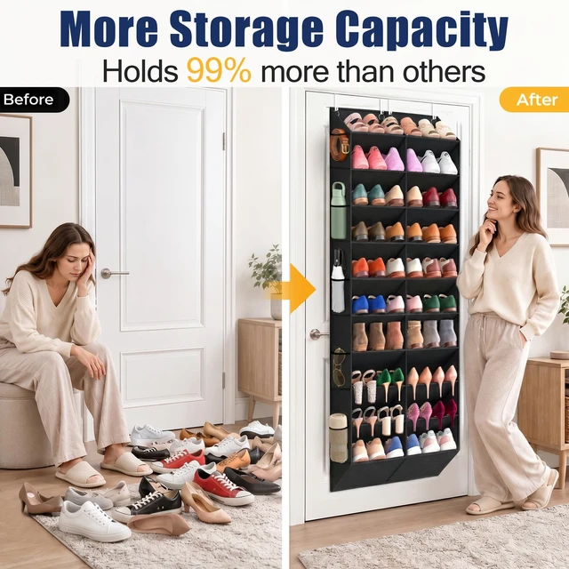 Alt view image 3 of 7 - 20-30 Pairs Over the Door Shoe Organizer with Side Mesh Pockets | Black 10-Tier Hanging Shoe Storage for Closet, Breathable Door Shoe Rack Holds Sneakers, Boots, Heels & Daily Essentials