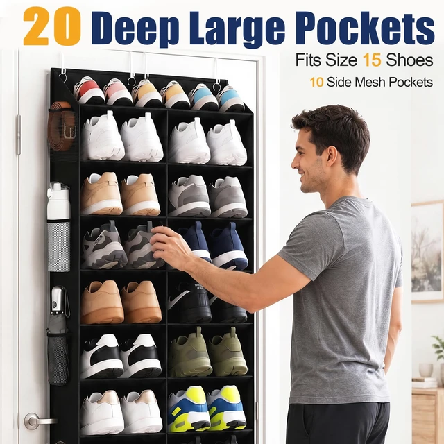 Alt view image 4 of 7 - 20-30 Pairs Over the Door Shoe Organizer with Side Mesh Pockets | Black 10-Tier Hanging Shoe Storage for Closet, Breathable Door Shoe Rack Holds Sneakers, Boots, Heels & Daily Essentials