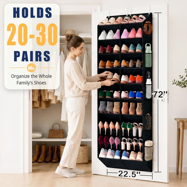 Alt view image 2 of 7 - 20-30 Pairs Over the Door Shoe Organizer with Side Mesh Pockets | Black 10-Tier Hanging Shoe Storage for Closet, Breathable Door Shoe Rack Holds Sneakers, Boots, Heels & Daily Essentials