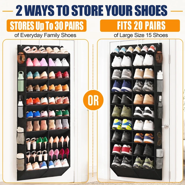 Alt view image 6 of 7 - 20-30 Pairs Over the Door Shoe Organizer with Side Mesh Pockets | Black 10-Tier Hanging Shoe Storage for Closet, Breathable Door Shoe Rack Holds Sneakers, Boots, Heels & Daily Essentials