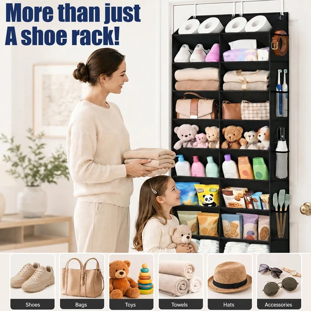 Alt view image 7 of 7 - 20-30 Pairs Over the Door Shoe Organizer with Side Mesh Pockets | Black 10-Tier Hanging Shoe Storage for Closet, Breathable Door Shoe Rack Holds Sneakers, Boots, Heels & Daily Essentials