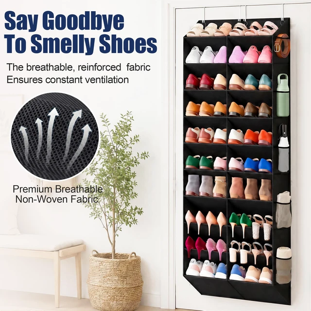 Alt view image 5 of 7 - 20-30 Pairs Over the Door Shoe Organizer with Side Mesh Pockets | Black 10-Tier Hanging Shoe Storage for Closet, Breathable Door Shoe Rack Holds Sneakers, Boots, Heels & Daily Essentials