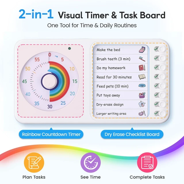 Alt view image 2 of 7 - 2-in-1 Visual Timer ADHD with Task Board, to-Do List, Checklist | Dry Erase Chore Chart and Visual Schedule for Kids ADHD, Rainbow Countdown Timer for Classroom, Home, Homeschool (White)