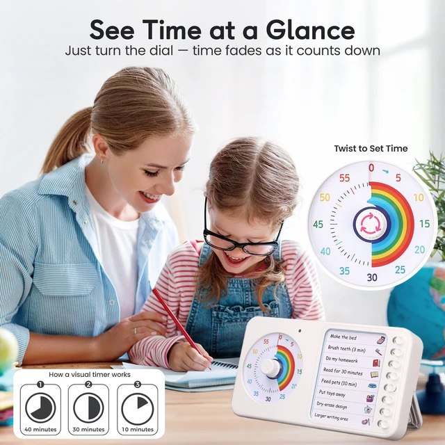 Alt view image 3 of 7 - 2-in-1 Visual Timer ADHD with Task Board, to-Do List, Checklist | Dry Erase Chore Chart and Visual Schedule for Kids ADHD, Rainbow Countdown Timer for Classroom, Home, Homeschool (White)