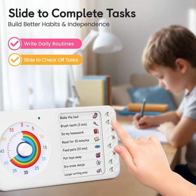 Alt view image 4 of 7 - 2-in-1 Visual Timer ADHD with Task Board, to-Do List, Checklist | Dry Erase Chore Chart and Visual Schedule for Kids ADHD, Rainbow Countdown Timer for Classroom, Home, Homeschool (White)