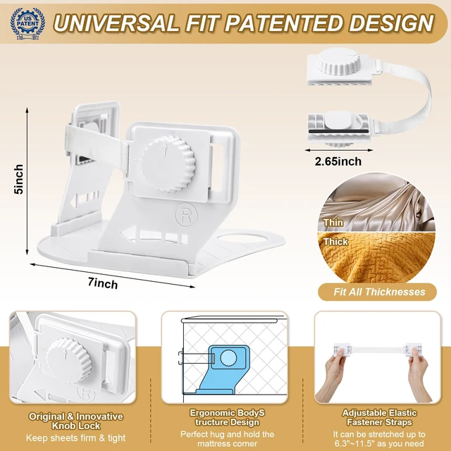 Alt view image 3 of 7 - Lock Bed Sheet Holders for Corners, US Patented Sheet Straps with Anti-Slip Pads & Knob Locks to Keep Sheets Tight&Neat, 4Pcs Heavy-Duty Bed Sheet Grippers for All Mattress, Easy One-Time Installation