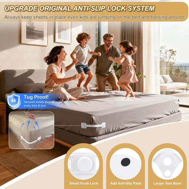 Alt view image 4 of 7 - Lock Bed Sheet Holders for Corners, US Patented Sheet Straps with Anti-Slip Pads & Knob Locks to Keep Sheets Tight&Neat, 4Pcs Heavy-Duty Bed Sheet Grippers for All Mattress, Easy One-Time Installation