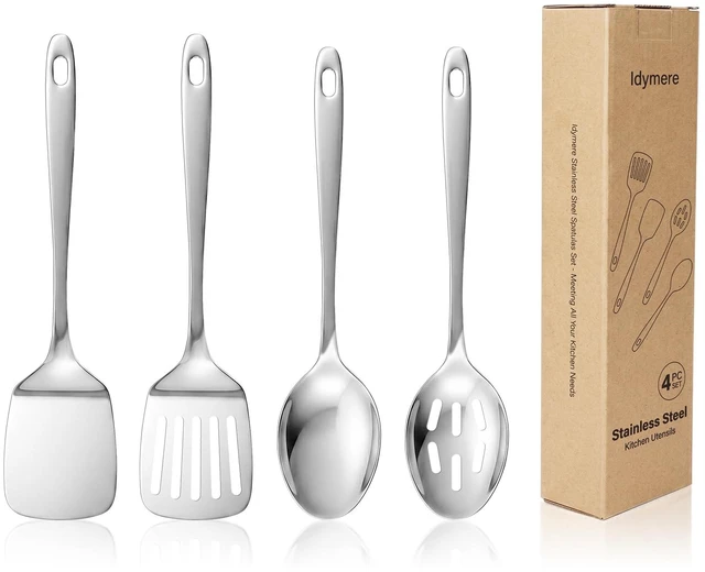 Main image of 4PCS Stainless Steel Kitchen Cooking Utensils Spatula & Spoons Set | Solid & Slotted Turners, Serving & Slotted Spoons, Heat Resistant, For Flipping Fish, Eggs and Pancakes, Dishwasher Safe
