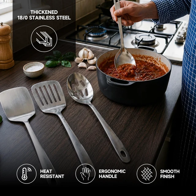 Alt view image 3 of 7 - 4PCS Stainless Steel Kitchen Cooking Utensils Spatula & Spoons Set | Solid & Slotted Turners, Serving & Slotted Spoons, Heat Resistant, For Flipping Fish, Eggs and Pancakes, Dishwasher Safe