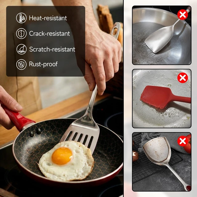 Alt view image 6 of 7 - 4PCS Stainless Steel Kitchen Cooking Utensils Spatula & Spoons Set | Solid & Slotted Turners, Serving & Slotted Spoons, Heat Resistant, For Flipping Fish, Eggs and Pancakes, Dishwasher Safe