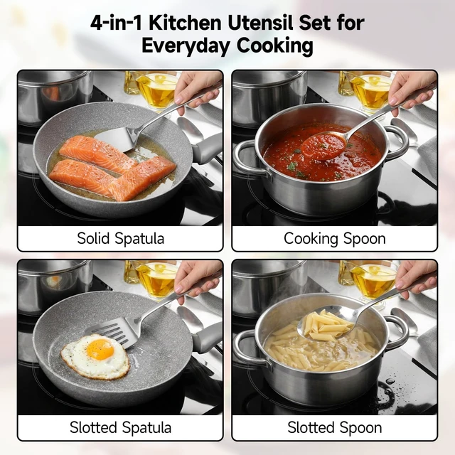 Alt view image 7 of 7 - 4PCS Stainless Steel Kitchen Cooking Utensils Spatula & Spoons Set | Solid & Slotted Turners, Serving & Slotted Spoons, Heat Resistant, For Flipping Fish, Eggs and Pancakes, Dishwasher Safe