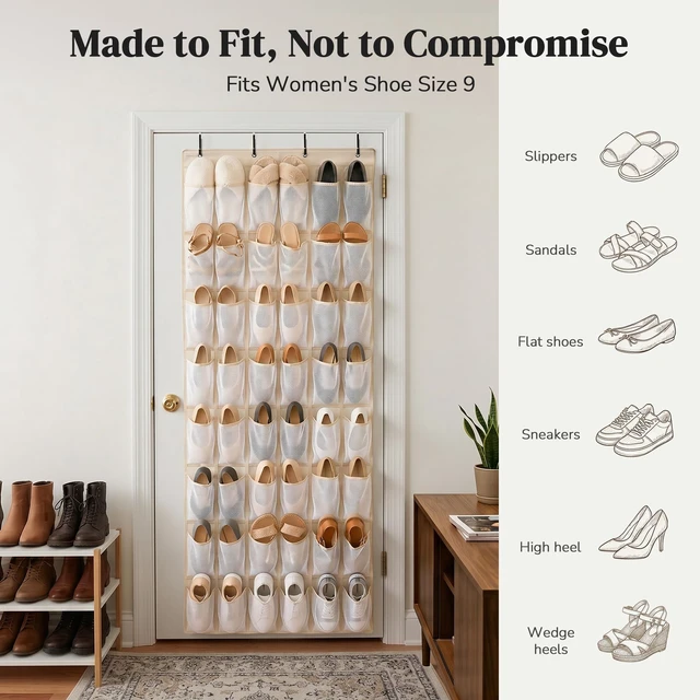 Alt view image 4 of 7 - 48 Pockets Over the Door Shoe Organizer, Mesh Hanging Shoe Rack for Women, 6-Column Heavy Duty Shoe Storage for Sneakers & Heels, Behind Door Holder for Entryway Bedroom Dorm College, Beige