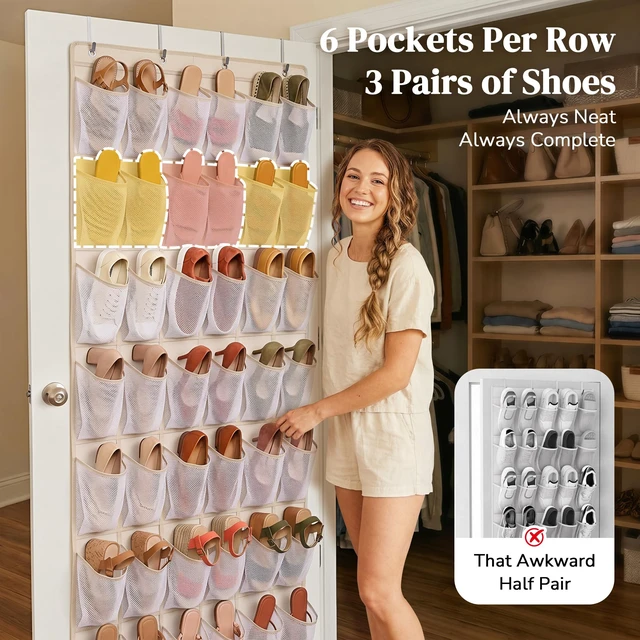 Alt view image 3 of 7 - 48 Pockets Over the Door Shoe Organizer, Mesh Hanging Shoe Rack for Women, 6-Column Heavy Duty Shoe Storage for Sneakers & Heels, Behind Door Holder for Entryway Bedroom Dorm College, Beige