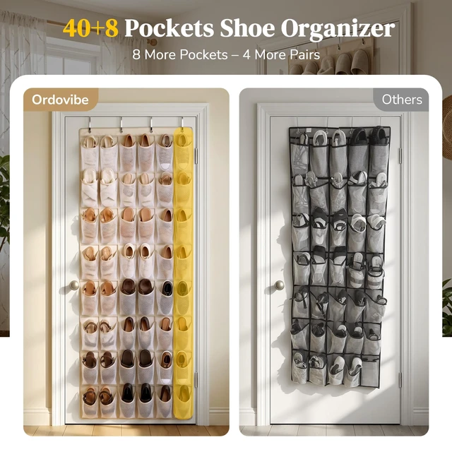 Alt view image 2 of 7 - 48 Pockets Over the Door Shoe Organizer, Mesh Hanging Shoe Rack for Women, 6-Column Heavy Duty Shoe Storage for Sneakers & Heels, Behind Door Holder for Entryway Bedroom Dorm College, Beige