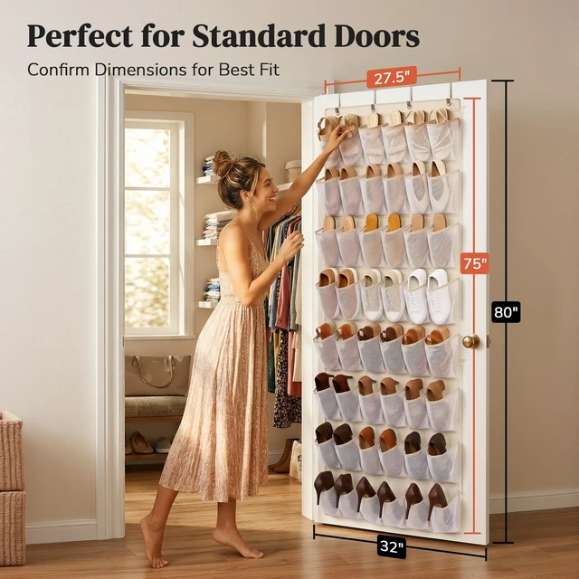 Alt view image 7 of 7 - 48 Pockets Over the Door Shoe Organizer, Mesh Hanging Shoe Rack for Women, 6-Column Heavy Duty Shoe Storage for Sneakers & Heels, Behind Door Holder for Entryway Bedroom Dorm College, Beige