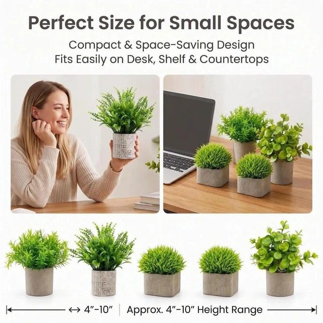Alt view image 3 of 7 - Small Artificial Potted Plants for Desk Decor, Mini Fake Plants for Bathroom, Office Desk Decor, Shelf Home Decor, Realistic Faux Greenery Indoor