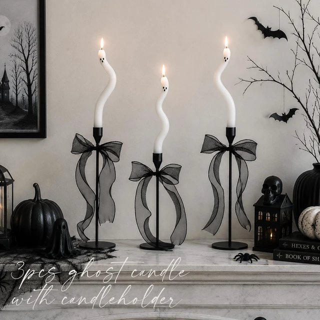 Main image of Halloween Decorations indoor-3Pcs Twisting Ghost Candles Decor with Candle Holders,Ribbons,Vintage Candlestick Holders Decoration,Halloween centerpieces for Party Table Fireplace Decorations