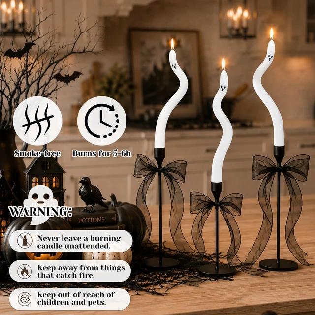 Alt view image 4 of 6 - Halloween Decorations indoor-3Pcs Twisting Ghost Candles Decor with Candle Holders,Ribbons,Vintage Candlestick Holders Decoration,Halloween centerpieces for Party Table Fireplace Decorations