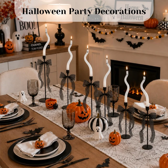 Alt view image 6 of 6 - Halloween Decorations indoor-3Pcs Twisting Ghost Candles Decor with Candle Holders,Ribbons,Vintage Candlestick Holders Decoration,Halloween centerpieces for Party Table Fireplace Decorations