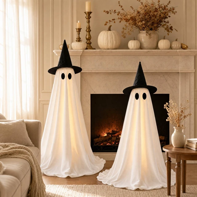 Alt view image 6 of 6 - Halloween Decorations Indoor 2 Pack Light Up Ghosts | Easy to Assemble,Adjustable Height,30 Lights,Durable Material,Great for Halloween Party,Porch,Mantel,Home Decor
