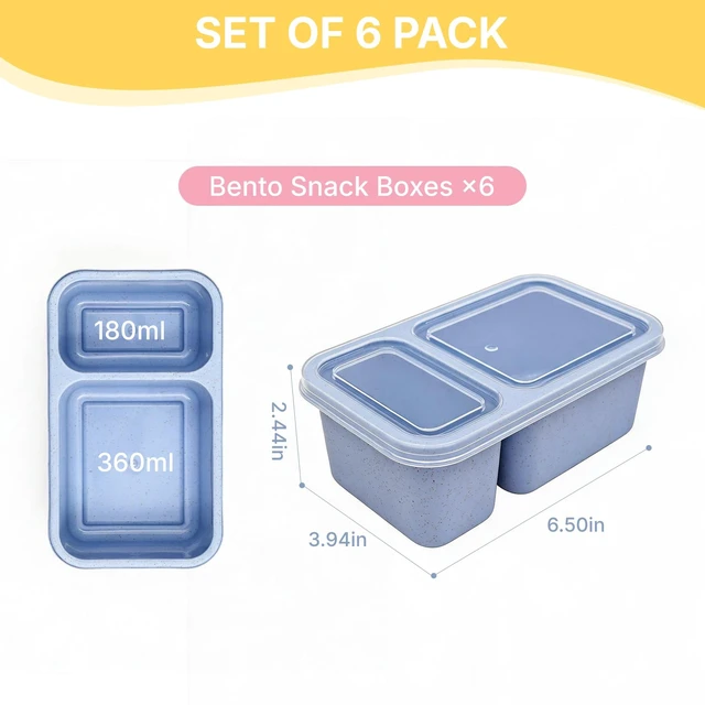 Alt view image 2 of 7 - 6 Pack Bento Snack Boxes, 2 Compartments, Wheat Straw | Reusable Food Storage for Kids & Adults, Large and Small Sections, Meal Prep for School Office Travel