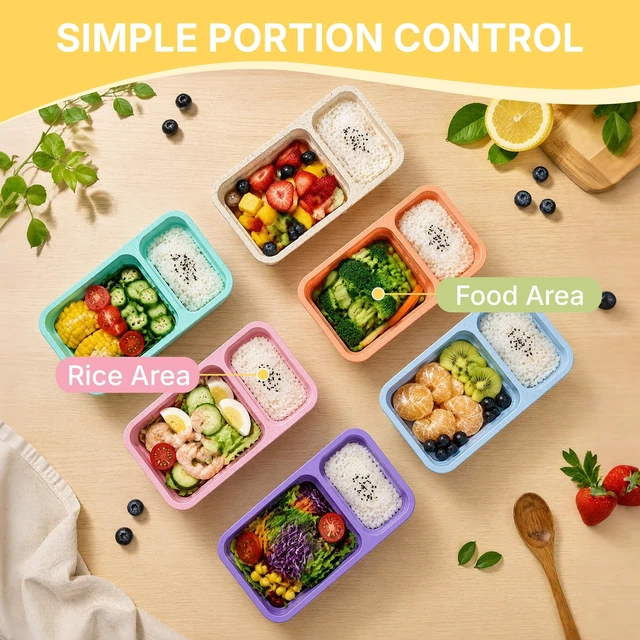 Alt view image 3 of 7 - 6 Pack Bento Snack Boxes, 2 Compartments, Wheat Straw | Reusable Food Storage for Kids & Adults, Large and Small Sections, Meal Prep for School Office Travel