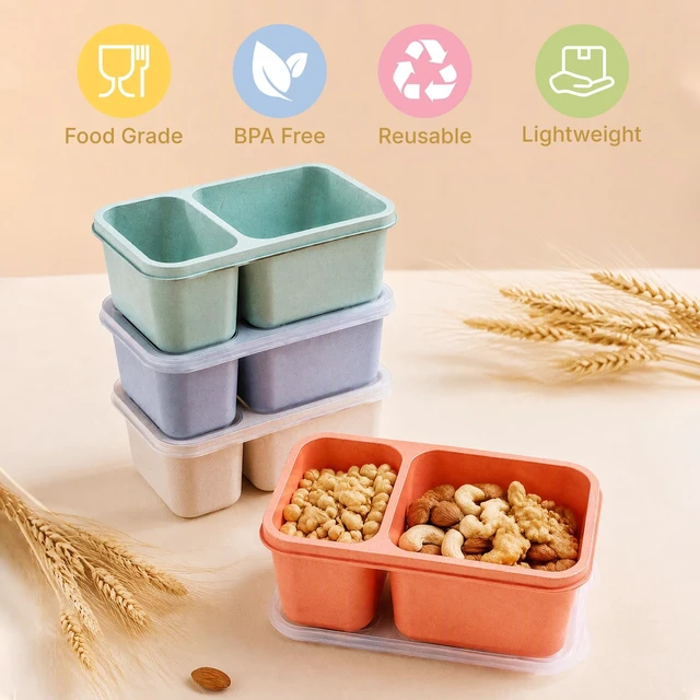 Alt view image 4 of 7 - 6 Pack Bento Snack Boxes, 2 Compartments, Wheat Straw | Reusable Food Storage for Kids & Adults, Large and Small Sections, Meal Prep for School Office Travel