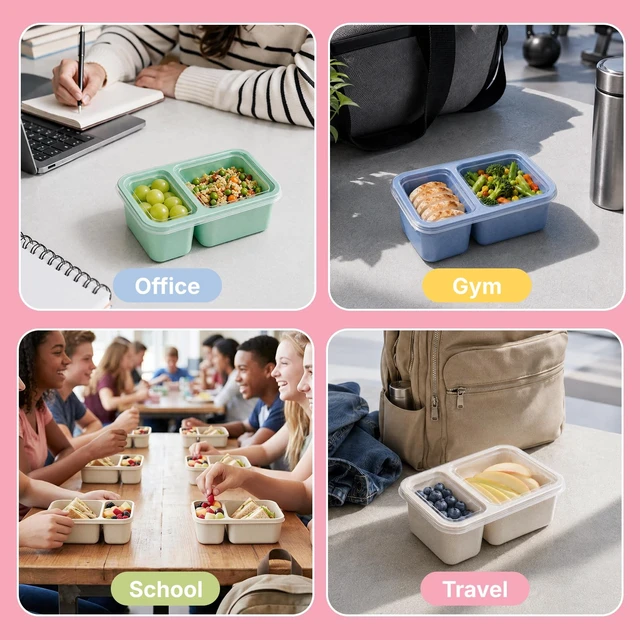 Alt view image 6 of 7 - 6 Pack Bento Snack Boxes, 2 Compartments, Wheat Straw | Reusable Food Storage for Kids & Adults, Large and Small Sections, Meal Prep for School Office Travel
