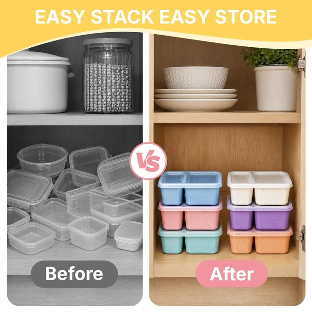 Alt view image 7 of 7 - 6 Pack Bento Snack Boxes, 2 Compartments, Wheat Straw | Reusable Food Storage for Kids & Adults, Large and Small Sections, Meal Prep for School Office Travel