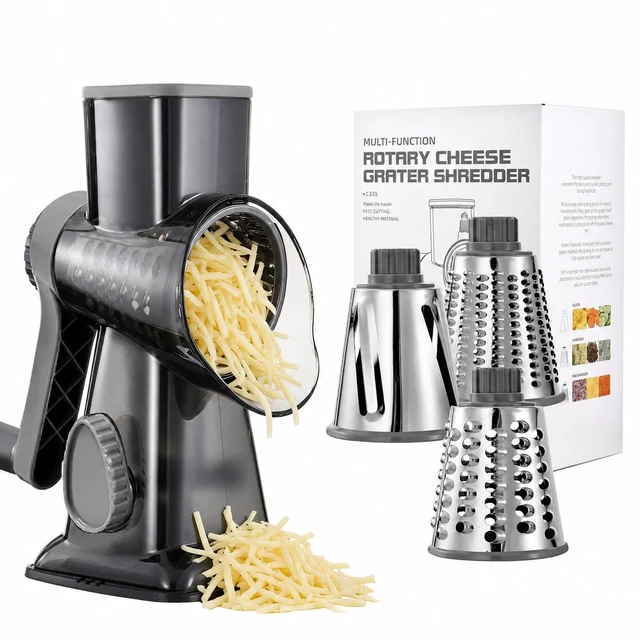 Main image of Rotary Cheese Grater Manual Hand Crank 3-in-1 Vegetable Shredde | Finger-safe design, stainless steel drums, suction base. Perfect for cheese, vegetables, nuts & chocolate. Easy to clean