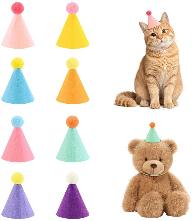 Main image of 8 PCS Mini Party Hats for Stuffed Animals, Birthday Hats, Felt | Cone Birthday Hats Assorted Bulk Colorful, Party Animal Birthday Decorations Supplies for Dolls Dog Puppy Cat Kitten Rabbit