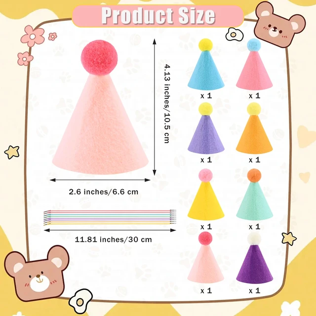 Alt view image 3 of 7 - 8 PCS Mini Party Hats for Stuffed Animals, Birthday Hats, Felt | Cone Birthday Hats Assorted Bulk Colorful, Party Animal Birthday Decorations Supplies for Dolls Dog Puppy Cat Kitten Rabbit