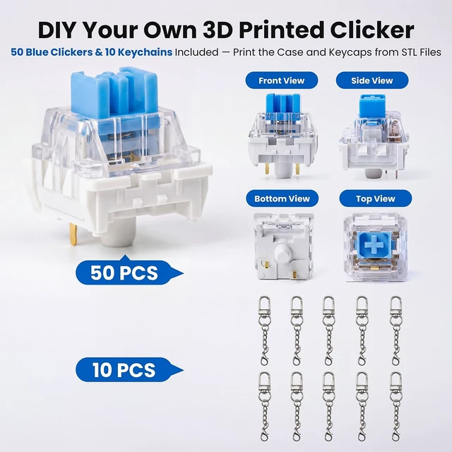Alt view image 7 of 7 - 50PCS Keyboard Clickers for 3D Prints, Clicky Mechanical Keyboard Switches | Crisp Clicks&Strong Tactile Feedback, Perfect for Typing Keyboard and 3D Printed Fidgets, Extra 10 Key Rings for DIY