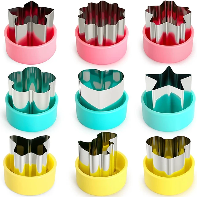 Main image of Mini Fruit Vegetable Cookie Cutters Shapes Set - 9Pcs 1.5 inch | Stainless Steel, Detachable PP Covers, Safe for Kids, Dishwasher Safe, Can Cut Cheese, Sandwich, Fondant, Dough, Craft Clay