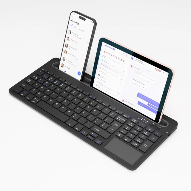 Main image of Multi-Device Wireless Keyboard with Silicone Stand & Touchpad Black | 3-Mode Bluetooth Keyboard for Tablet/Phone/Laptop, Silent Scissor Keys,Micro-USB Rechargeable