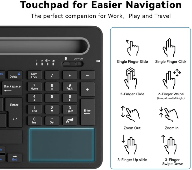 Alt view image 4 of 7 - Multi-Device Wireless Keyboard with Silicone Stand & Touchpad Black | 3-Mode Bluetooth Keyboard for Tablet/Phone/Laptop, Silent Scissor Keys,Micro-USB Rechargeable