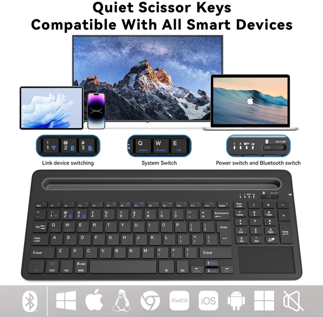 Alt view image 2 of 7 - Multi-Device Wireless Keyboard with Silicone Stand & Touchpad Black | 3-Mode Bluetooth Keyboard for Tablet/Phone/Laptop, Silent Scissor Keys,Micro-USB Rechargeable